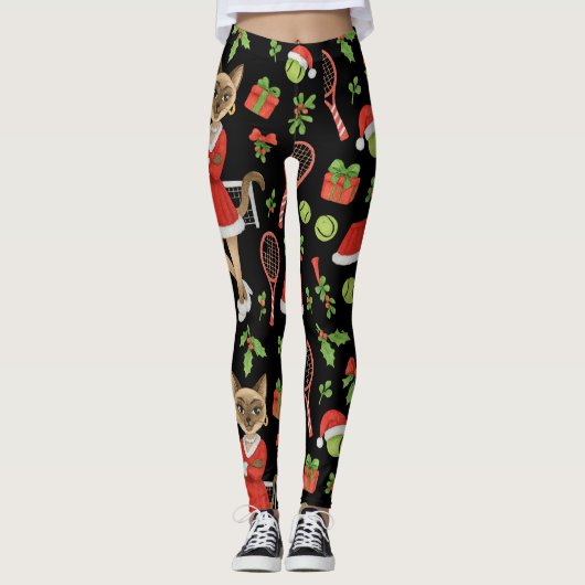 Tennis Christmas themed fir Siamese cat Lovers  Leggings (Voorkant)