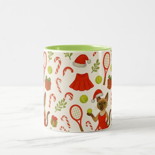 Tennis Christmas themed fir Siamese cat Lovers Tweekleurige Koffiemok (Center)
