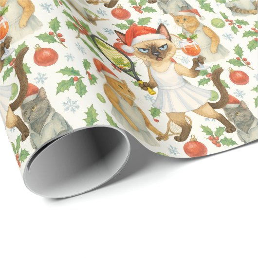 Tennis Christmas themed for player who loves cat Cadeaupapier (Rol Hoek)