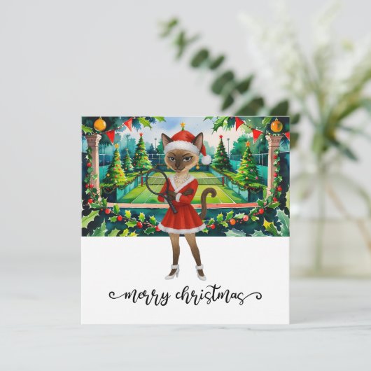 Tennis Christmas themed for Siamese Cat lovers Feestdagenkaart (Staand voorkant)