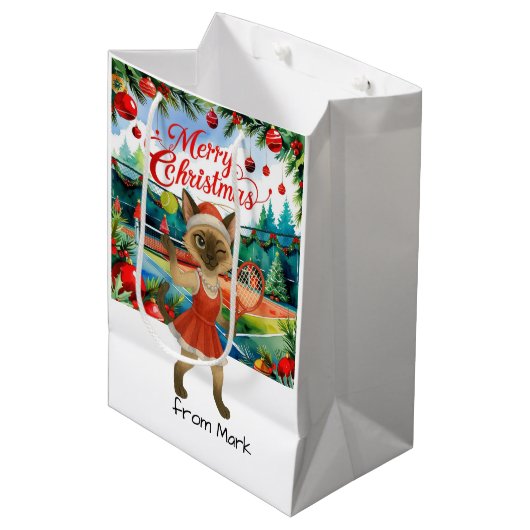 Tennis Christmas Themed for Siamese Cat Lovers Medium Cadeauzakje (Voorkant Gekanteld)