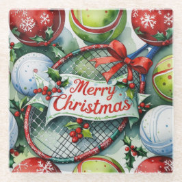 Tennis Christmas themed with racket and Santa hat Glazen Onderzetter