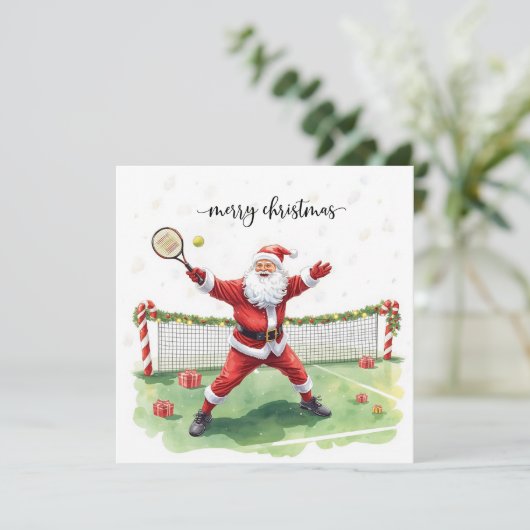 Tennis Christmas with Santa Claus Feestdagenkaart (Staand voorkant)