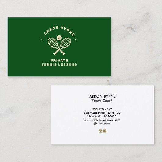 Tennis Coach Crossed Rackets Green Visitekaartje (Voorkant / Achterkant)