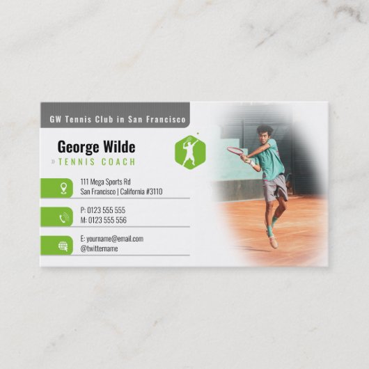 Tennis Coach | Male Tennis Player Green Visitekaartje (Voorkant)