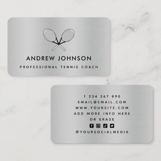 Tennis Coach Metallic Racket Logo Sociale Media Visitekaartje (Voorkant / Achterkant)