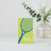 Tennis coach visitekaartje met racket, blauw groen (Staand voorkant)