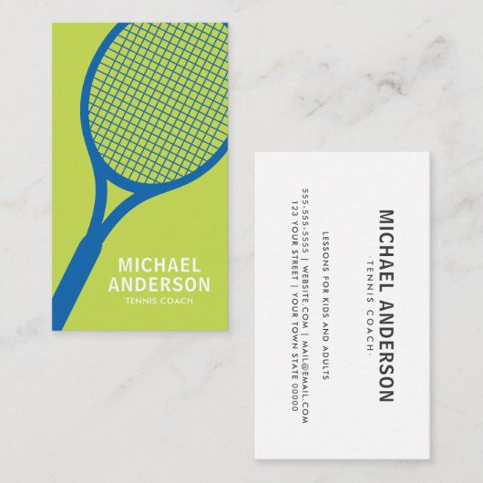 Tennis coach visitekaartje met racket, blauw groen (Voorkant / Achterkant)
