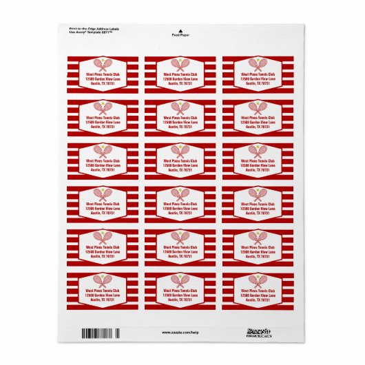 Tennis Country Club rood gestreept retouradres Etiket (Full Sheet)