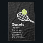 Tennis Definitie Oefening en vloeken Theedoek<br><div class="desc">Gepersonaliseerde tenniskeukenhanddoek met een eenvoudige tennisracket grafische en grappige tenniscitaatdefinitie "Tennis, de perfecte combinatie van oefening en vloeken" in zwart-wit en grijs met subtiel symbool vloeken op de achtergrond. Een perfect tennis thema cadeau voor elke tennisspeler met een vieze mond die een zweethanddoek voor hun sporttas of de sportschool kon...</div>