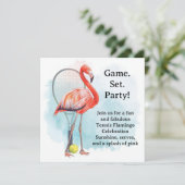 Tennis Flamingo met racket en bal uitnodiging (Staand voorkant)