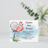 Tennis Flamingo met racket en bal uitnodiging (Staand voorkant)
