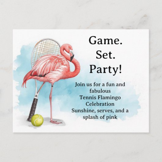 Tennis Flamingo met racket en bal uitnodiging (Voorkant)