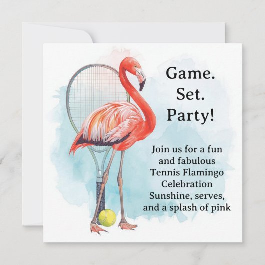 Tennis  Flamingo  with racket and ball invitation  (Voorkant)
