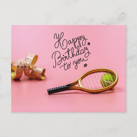 Tennis Gefeliciteerd met ball en racket roze P Briefkaart (Voorkant)