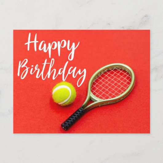 Tennis Gefeliciteerd met racket en bal op rood Briefkaart (Voorkant)