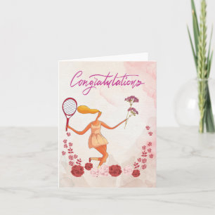 Tennis Gefeliciteerd met vrouw en bloemen Kaart