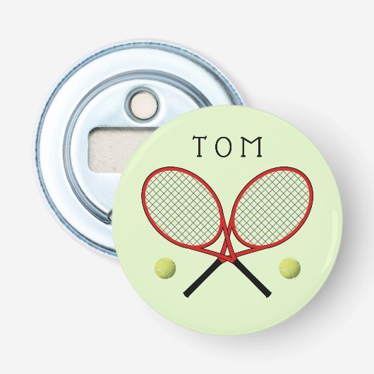 Tennis gekruiste rackets gepersonaliseerde groen button flesopener (Voorkant)