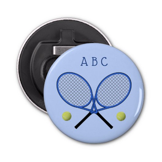 Tennis gekruiste rackets initialen blauw flesopene button flesopener (Voorkant)