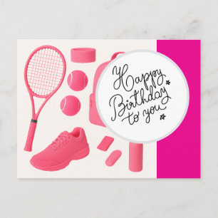 Tennis Gelukkig Verjaardag met bal en racket roze Briefkaart