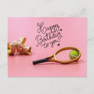 Tennis Gelukkig Verjaardag met bal en racket roze  Briefkaart