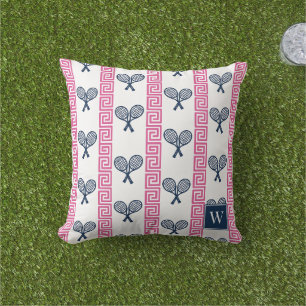 Tennis Griekse Sleutel Streep - Navy & Hot Pink Mo Buitenkussen