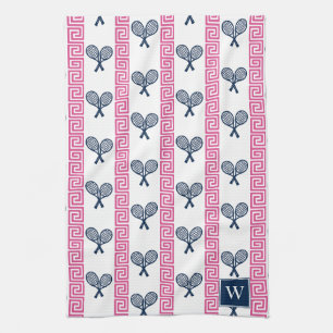 Tennis Griekse Sleutel Streep - Navy & Roze Monogr Theedoek