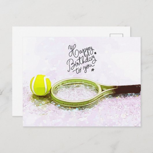 Tennis Happy Birthday met bal en racket Briefkaart (Voorkant / Achterkant)