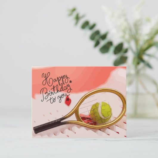 Tennis Happy Birthday met bal en racket Briefkaart (Staand voorkant)