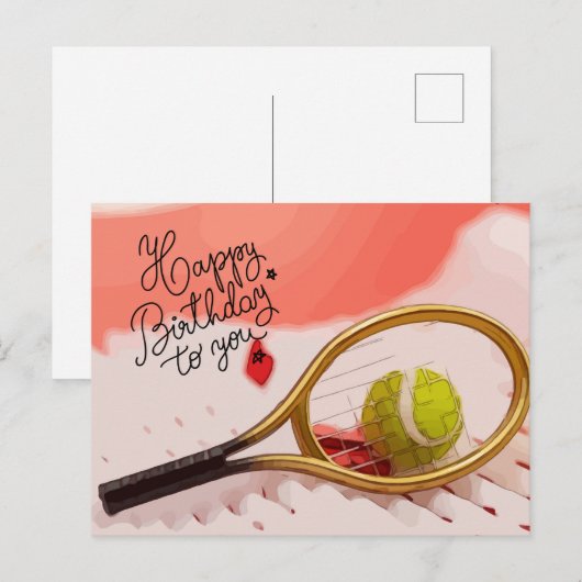 Tennis Happy Birthday met bal en racket Briefkaart (Voorkant / Achterkant)