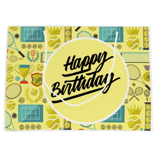 Tennis Happy Birthday met bal en racket geel Groot Cadeauzakje (Voorkant)