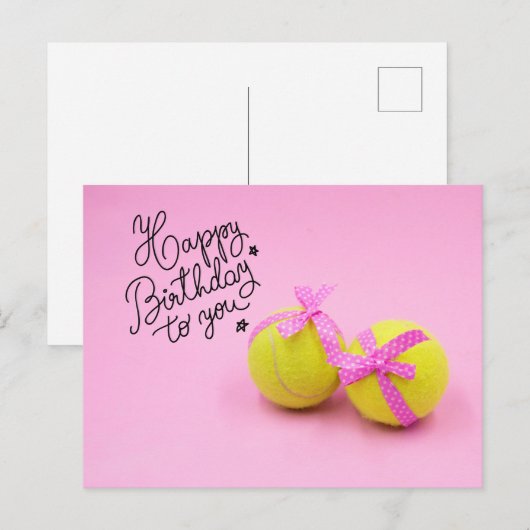 Tennis Happy Birthday met bal en racket roze Briefkaart (Voorkant / Achterkant)