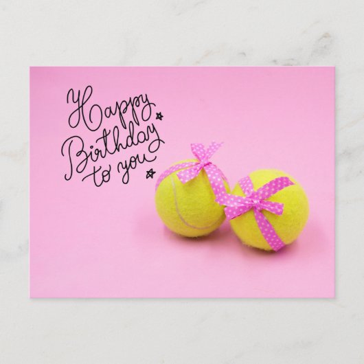 Tennis Happy Birthday met bal en racket roze Briefkaart (Voorkant)