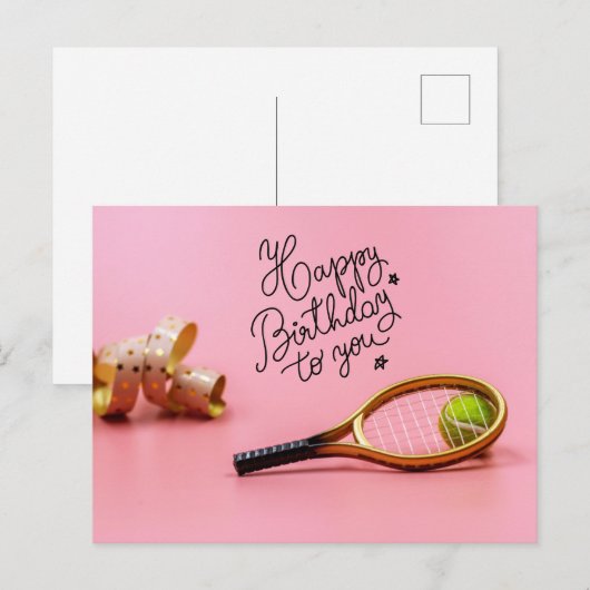 Tennis Happy Birthday met bal en racket roze P Briefkaart (Voorkant / Achterkant)