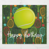Tennis Happy Birthday met bal en racket Sparkling Wijnetiket (Enkel label)