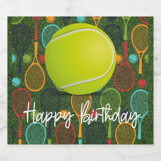 Tennis Happy Birthday met bal en racket Sparkling Wijnetiket (Enkel label)