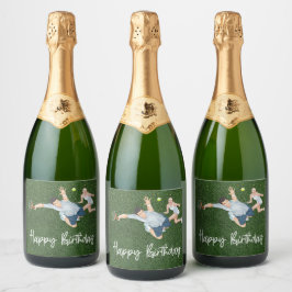 Tennis Happy Birthday met tennisspeler man vrouw Sparkling Wijnetiket