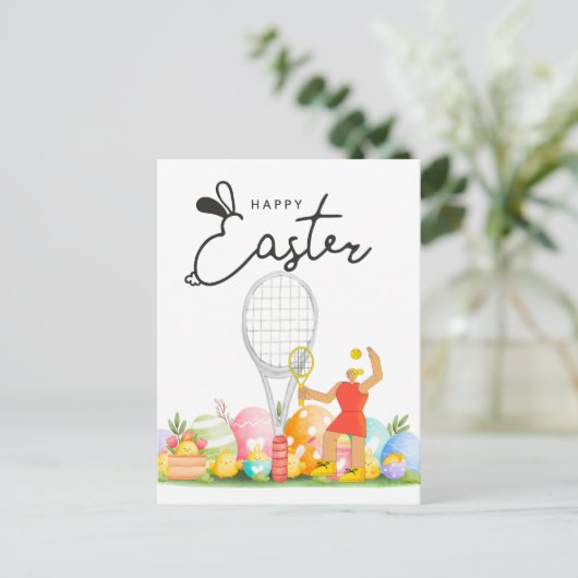 Tennis Happy Easter naar tennisspeler met eitjes Briefkaart (Staand voorkant)
