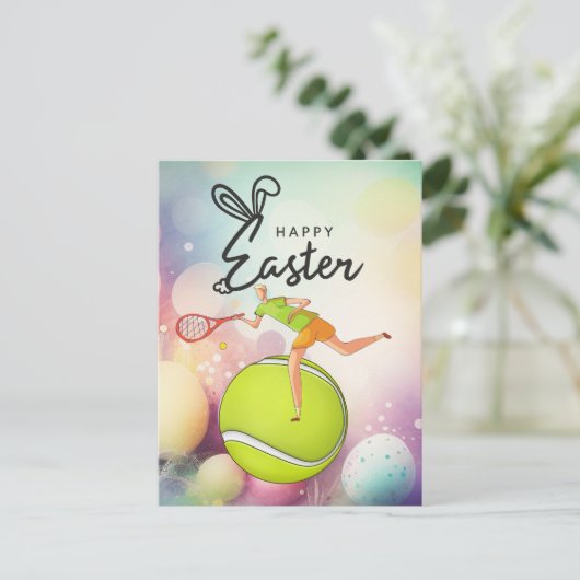 Tennis Happy Easter naar tennisspeler met eitjes Feestdagenkaart (Staand voorkant)