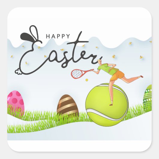 Tennis Happy Easter naar tennisspeler met eitjes Vierkante Sticker (Voorkant)