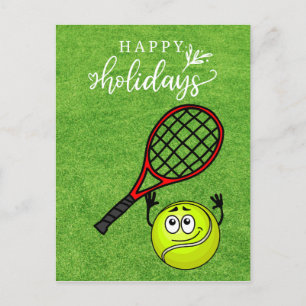 Tennis Happy Holiday met bal en Racket op groen Feestdagenkaart