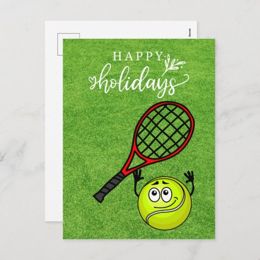 Tennis Happy Holiday met bal en Racket op groen Feestdagenkaart (Voorkant / Achterkant)