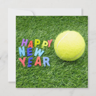 Tennis happy nieuwjaar & tennisbal voor speler feestdagenkaart