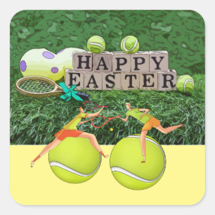 Tennis Happy Pasen met bal en eieren op groen Vierkante Sticker