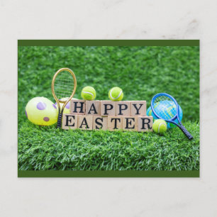 Tennis Happy Pasen met ball racket en eitjes Post Briefkaart