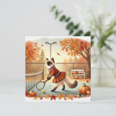 Tennis Herfst Kat met Bloemen Feestdagenkaart (Staand voorkant)