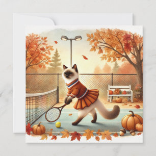 Tennis Herfst Kat met Bloemen Feestdagenkaart