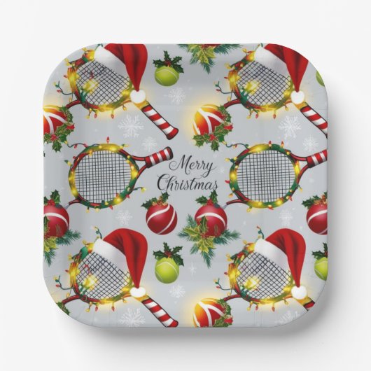 Tennis Kerst Feestelijke Rackets en Bal Papieren Bordje (Voorkant)
