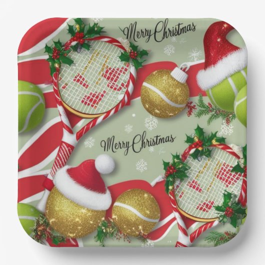 Tennis Kerst Feestelijke Rackets en Bal Papieren Bordje (Voorkant)