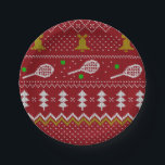 Tennis-kerstfeestzater met geventileerde patroonro papieren bordje<br><div class="desc">Warm en lui ontwerp voor winterdagen en nachten,  met klassieke gekke,  lelijke kersttrui met tennisrackets en groene tennisballen,  gordels,  vuurbomen en sneeuwvlokken. Minimalistisch Xmas sweater patroonfestief ontwerp in lichtblauw en wit voor tennisspelers. Tennis kerstpatroontrui. Tennis Xmas-ontwerp. Scandi tennis kerstcadeaus. Scandinavische kerstpatronen voor tennis. Tennis-kerstcadeaus</div>